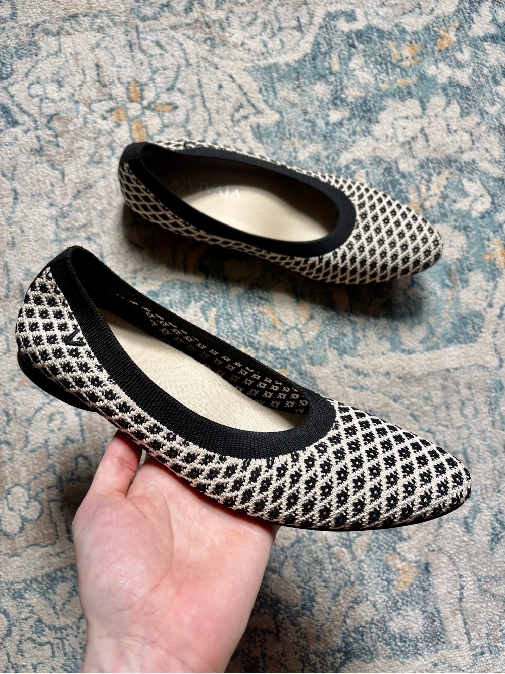 VIVAIA Ballet Flats Geometric Knit Black Cream White Tweed Fall Size 39 US 8